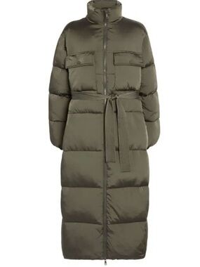 Good American Long Olive Green Puffer Coat with Belt